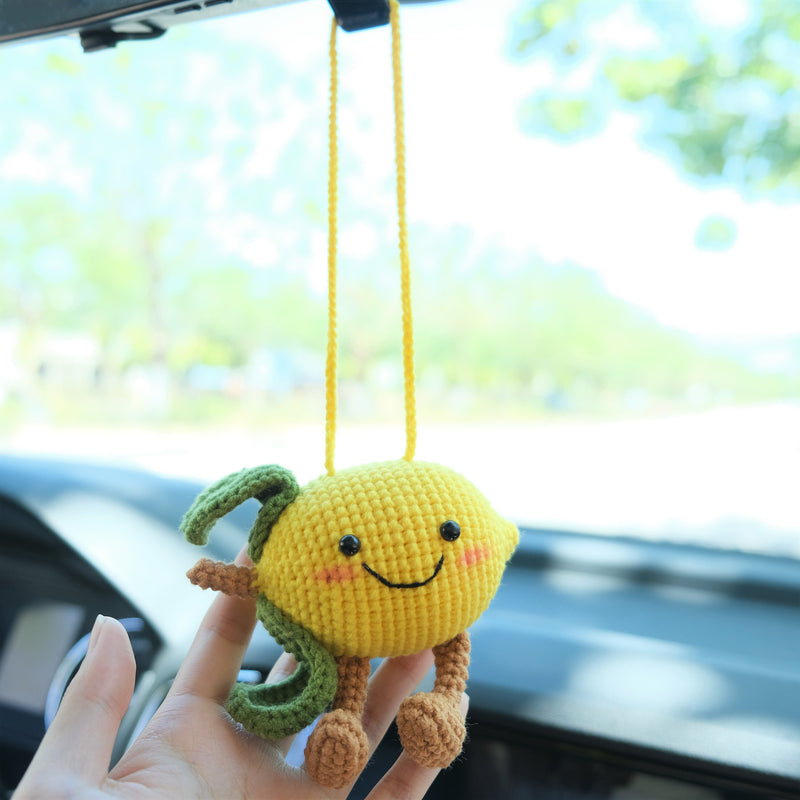 Crochet Lemon Doll Car Mirror Hanging Accessory, Smiley Lemon Car Rear View Mirror Accessory, Anime Car Interior Accessory for Women/Teens