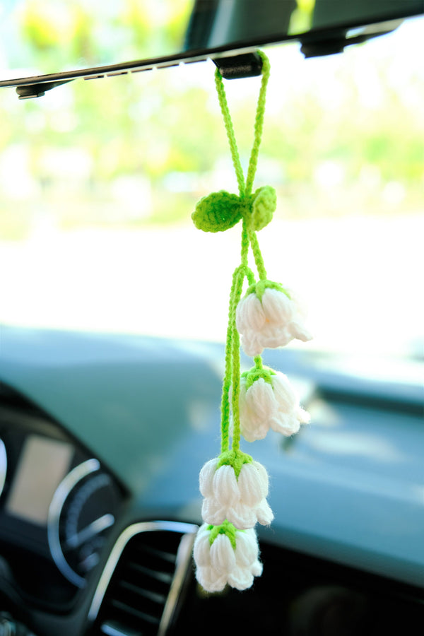 Car Mirror Hanging Accessories, Crochet Lily of the Valley Car Rear Mirror Accessory, Boho Car Decor Interior, Crochet Car Hanging Decor