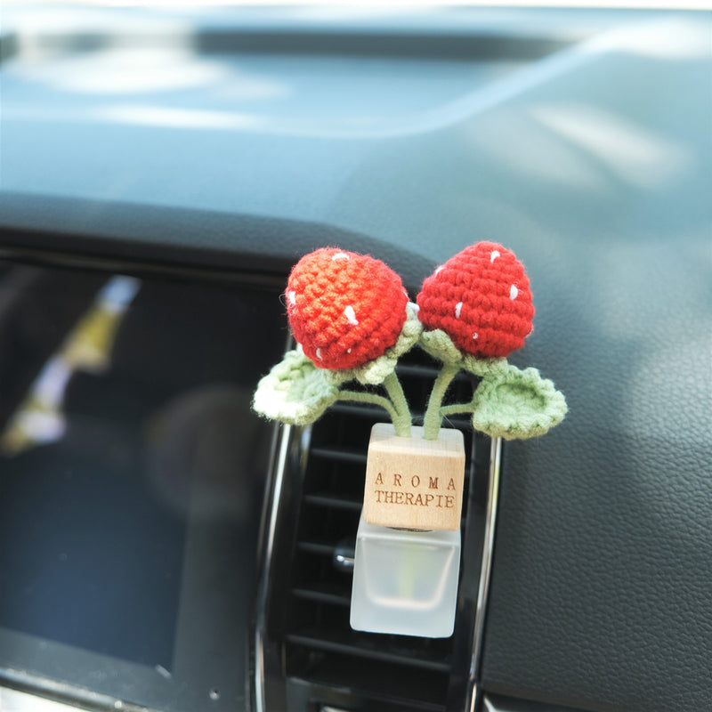 Crochet Strawberry Car Diffuser, Car Plant Vent Clip, Car Air Freshener, Flower Car Diffuser Bottle, Boho Car Interior Accessory for Women