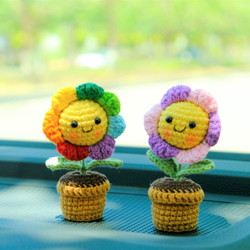 3pcs/2Pcs Mini Smiley Sunflower Car Accessories, Crochet Rinbow Sunflower Potted Plant Car Dashboard Decor, Car Interior Accessory for Women