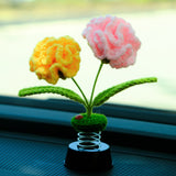 Crochet Carnations Car Dashboard Decor, Car Plant Bobblehead Dashboard Decor, Car Air Freshener, Boho Car Interior Accessories for Women