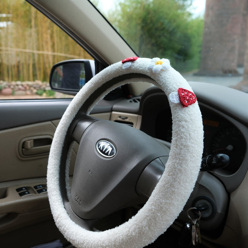 Crochet Mushroom & Daisy Steering Wheel Cover, Berber Fleece Boho Steering Wheel Cover with Grip, Car Interior Accessory for Women