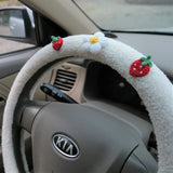 Crochet Strawberry& Daisy Steering Wheel Cover, Berber Fleece Boho Steering Wheel Cover with Grip, Car Interior Accessory for Women