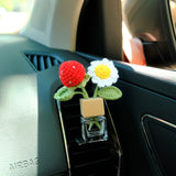 Crochet Strawberry & Daisy Car Air Freshener, Car Plant Vent Clip, Flower Car Diffuser Bottle, Cute Car Accessory for Women, Gift for Her