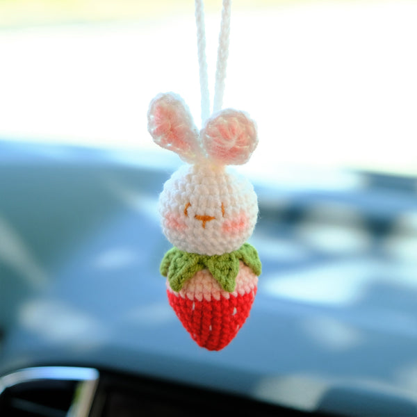 Crochet Strawberry Bunny Car Mirror Hanging Accessories, Car Rear View Mirror Accessory, Anime Car Interior Decor, Strawberry Car Accessory