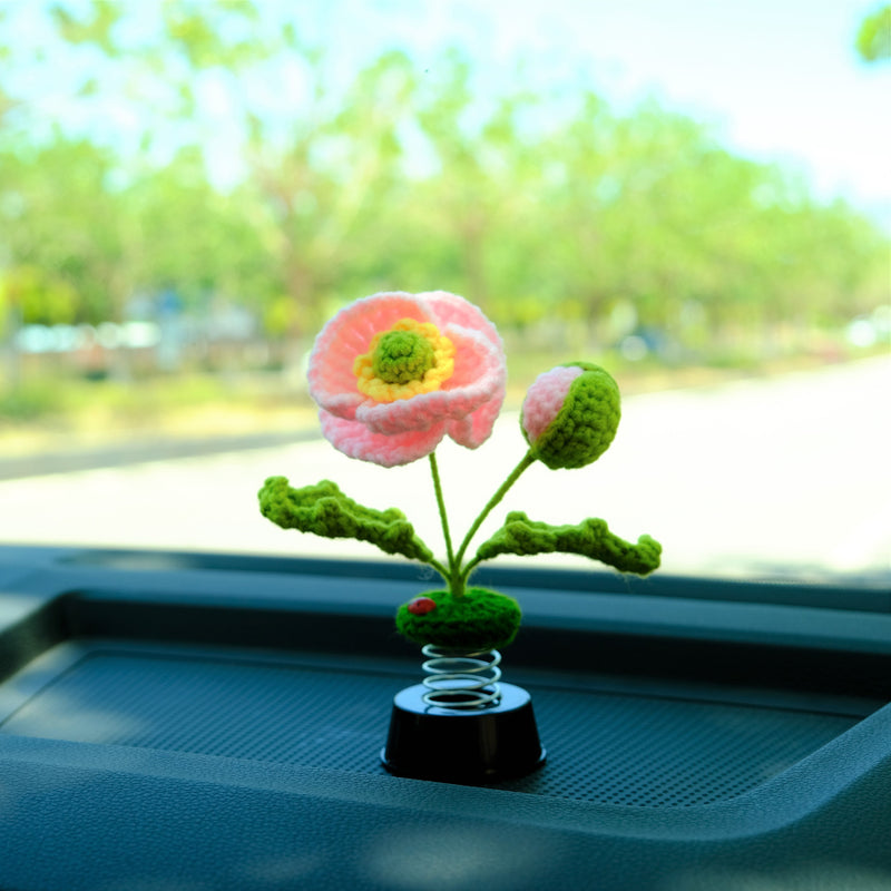 Crochet Common Poppy Car Dashboard Decor, Bobblehead Pink Car Accessory, Cute Interior Accessory for Women/Teens, Car Air Freshener