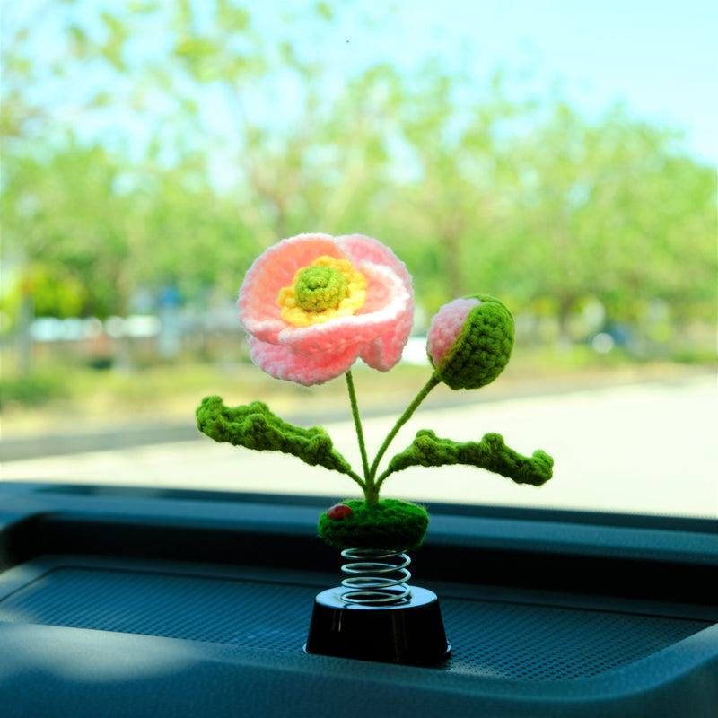 Crochet Common Poppy Car Dashboard Decor, Bobblehead Pink Car Accessory, Cute Interior Accessory for Women/Teens, Car Air Freshener