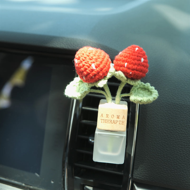 Crochet Strawberry Car Diffuser, Car Plant Vent Clip, Car Air Freshener, Flower Car Diffuser Bottle, Boho Car Interior Accessory for Women