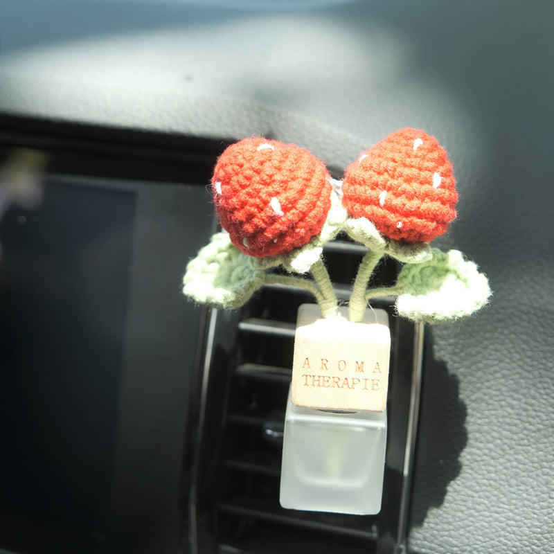 Crochet Strawberry Car Diffuser, Car Plant Vent Clip, Car Air Freshener, Flower Car Diffuser Bottle, Boho Car Interior Accessory for Women