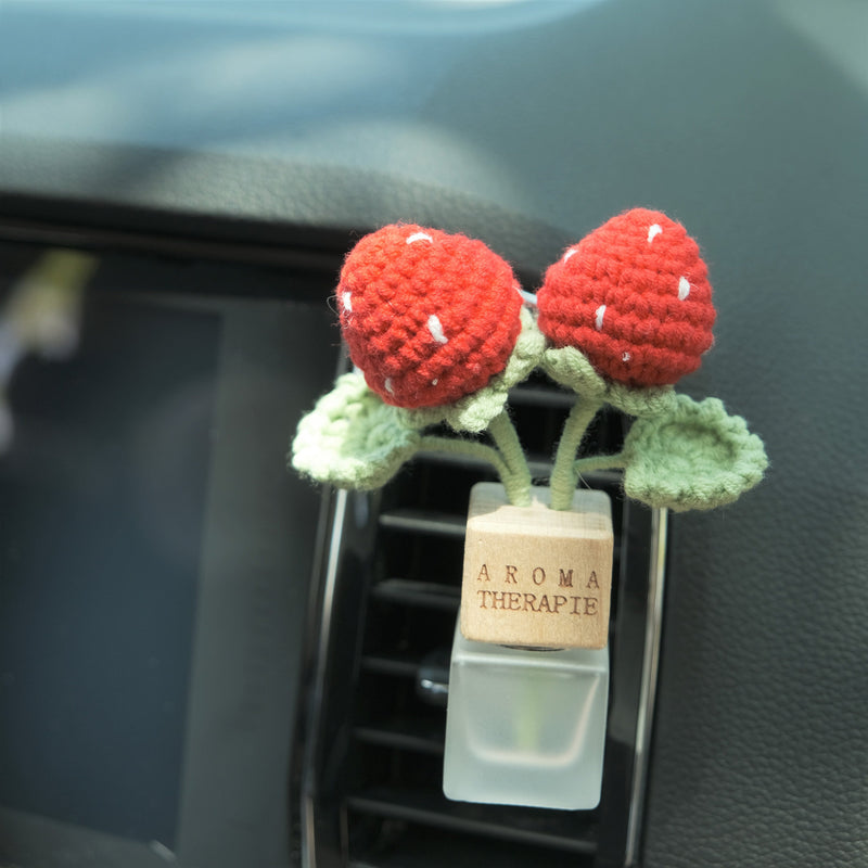 Crochet Strawberry Car Diffuser, Car Plant Vent Clip, Car Air Freshener, Flower Car Diffuser Bottle, Boho Car Interior Accessory for Women