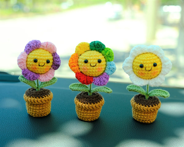 3pcs/2Pcs Mini Smiley Sunflower Car Accessories, Crochet Rinbow Sunflower Potted Plant Car Dashboard Decor, Car Interior Accessory for Women