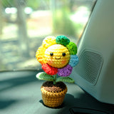 3pcs/2Pcs Mini Smiley Sunflower Car Accessories, Crochet Rinbow Sunflower Potted Plant Car Dashboard Decor, Car Interior Accessory for Women