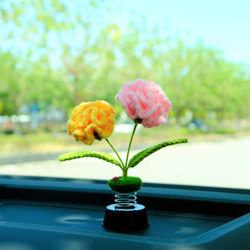 Crochet Carnations Car Dashboard Decor, Car Plant Bobblehead Dashboard Decor, Car Air Freshener, Boho Car Interior Accessories for Women