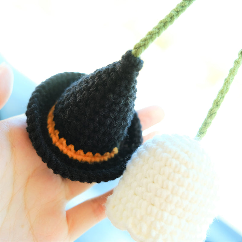 Crochet Ghost & Wizard Hat Car Hanging Accessories, Car Rear View Mirror Hanging Accessories, Goth Car Accessory, Unique Halloween Gift