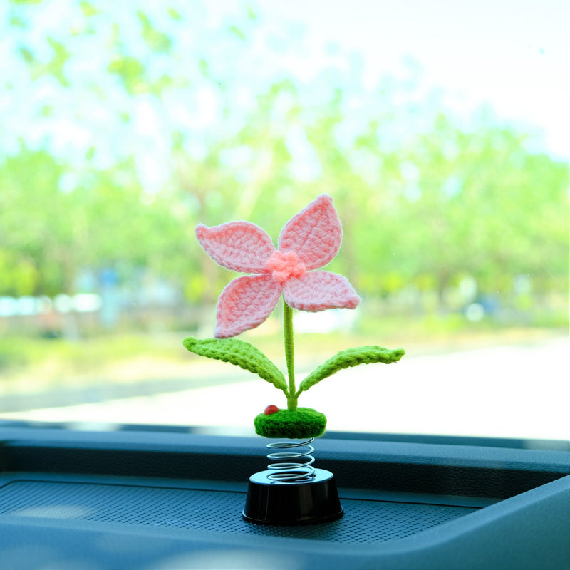 Crochet Hibiscus Flower Car Dashboard Decor, Bobblehead Car Plant Dashboard Decor, Cute Interior Car Accessory for Women, Car Air Freshener