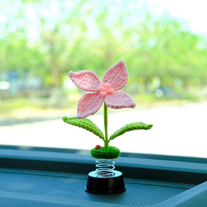 Crochet Hibiscus Flower Car Dashboard Decor, Bobblehead Car Plant Dashboard Decor, Cute Interior Car Accessory for Women, Car Air Freshener