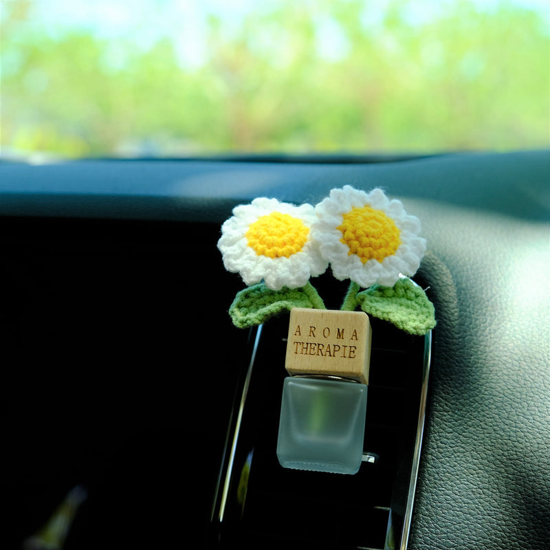 Crochet Daisy Car Diffuser, Car Plant Vent Clip, Car Air Freshener, Flower Car Diffuser Bottle, Boho Car Interior Accessory for Women