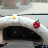 Crochet Strawberry& Daisy Steering Wheel Cover, Berber Fleece Boho Steering Wheel Cover with Grip, Car Interior Accessory for Women