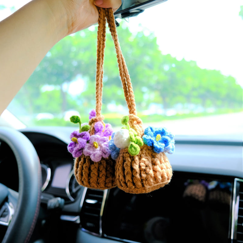 Crochet Forget Me Not Car Mirror Hanging Accessories, Mini Purple Flower Basket Car Rear View Mirror Accessory, Boho Interior Car Accessory