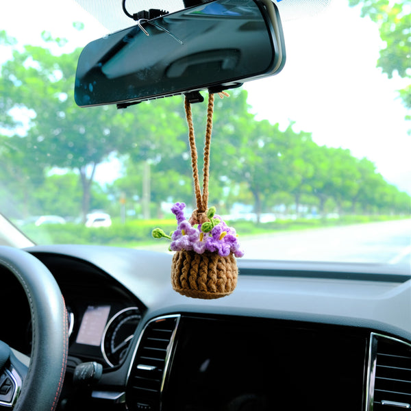 Crochet Forget Me Not Car Mirror Hanging Accessories, Mini Purple Flower Basket Car Rear View Mirror Accessory, Boho Interior Car Accessory