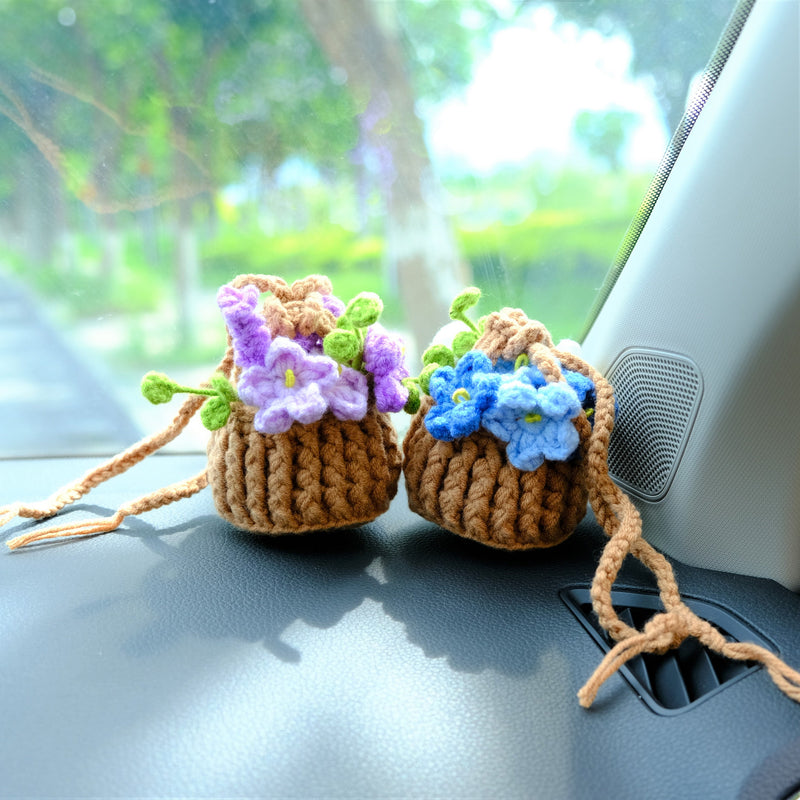 Crochet Forget Me Not Car Mirror Hanging Accessories, Mini Blue Flower Basket Car Rear View Mirror Accessory, Boho Interior Car Accessory