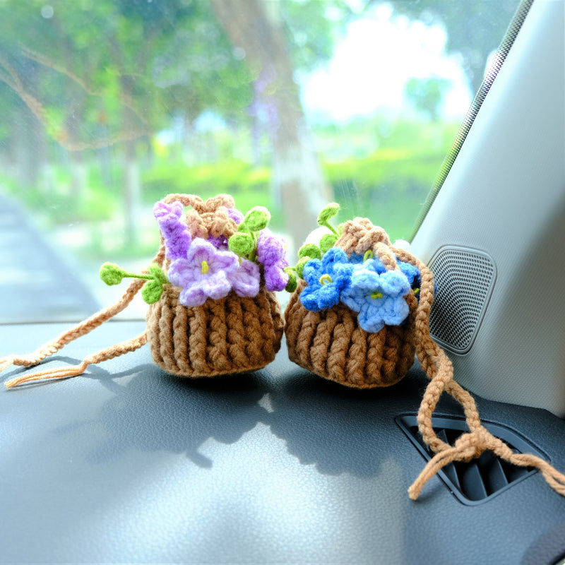 Crochet Forget Me Not Car Mirror Hanging Accessories, Mini Purple Flower Basket Car Rear View Mirror Accessory, Boho Interior Car Accessory