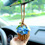 Crochet Forget Me Not Car Mirror Hanging Accessories, Mini Blue Flower Basket Car Rear View Mirror Accessory, Boho Interior Car Accessory