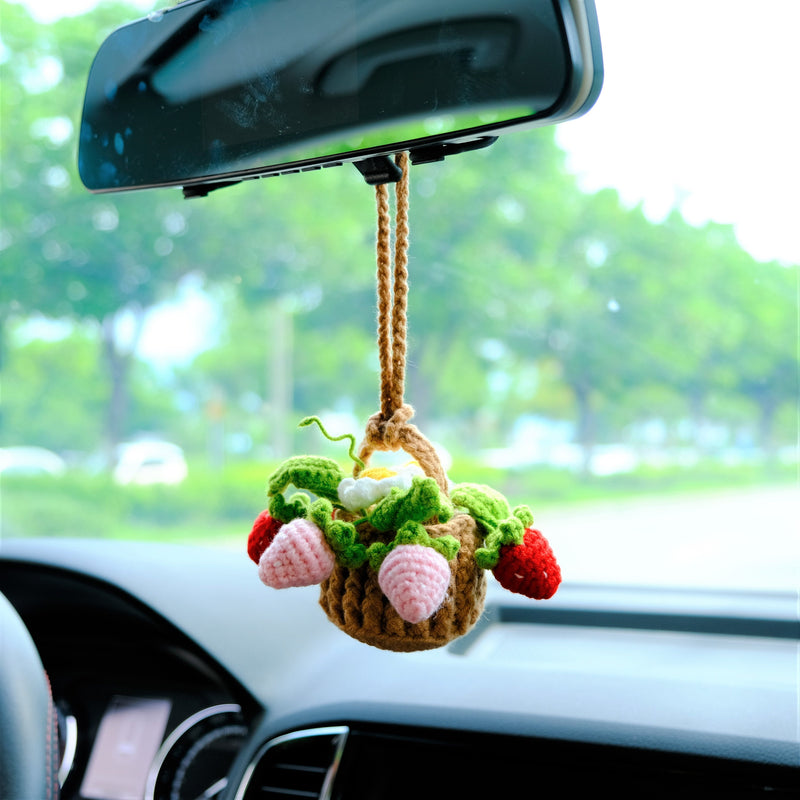 Crochet Strawberry & Daisy Car Mirror Hanging Accessories, Mini Flower Basket Car Rear View Mirror Accessory, Boho Interior Car Accessory