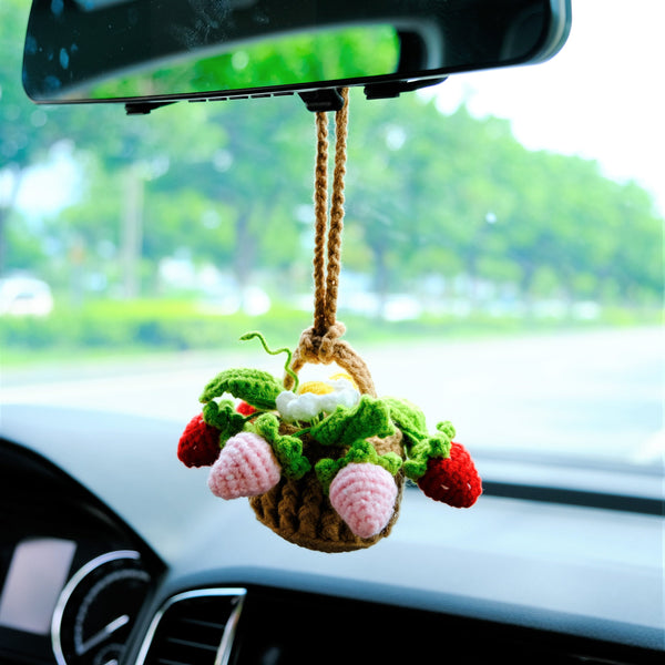 Crochet Strawberry & Daisy Car Mirror Hanging Accessories, Mini Flower Basket Car Rear View Mirror Accessory, Boho Interior Car Accessory