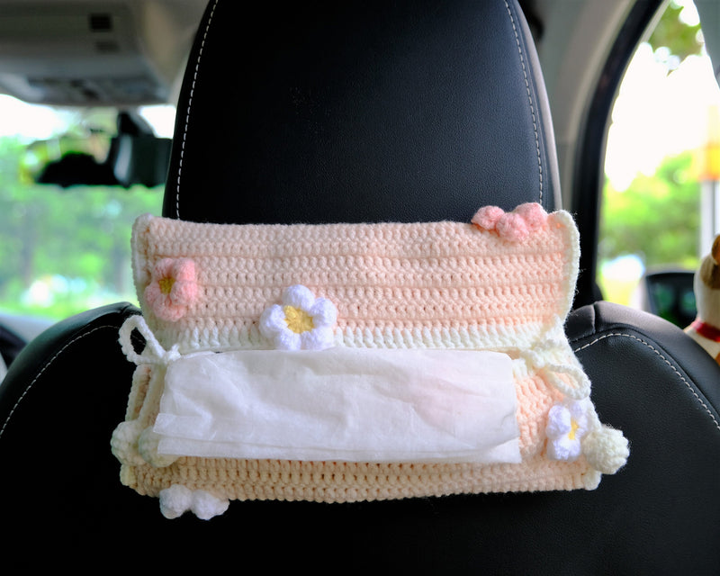 Crochet Fluffy Flower Car Tissue Box, Daisy Flower Car Tissue Box Holder, Flower Car Tissue Cover, Boho Interior Car Accessories for Women