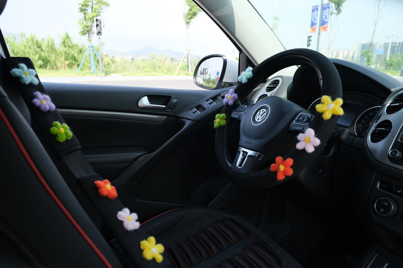 Ice Silk Steering Wheel Cover, Crochet Rainbow Flower Steering Wheel Cover, Cute Car Interior Accessory for Women, Boho Steering Wheel Cover