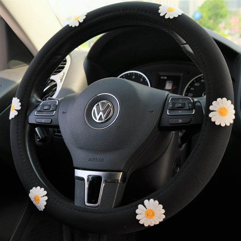 Ice Silk Steering Wheel Cover, Daisy Embroidery Patch Steering Wheel Cover, Cute Car Interior Accessory for Women, Boho Steering Wheel Cover