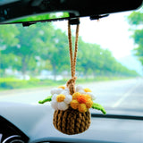 Crochet Fluffy Flowers Car Mirror Hanging Accessories, Mini Daisy Flower Basket Car Rear View Mirror Accessory, Boho Interior Car Accessory