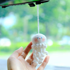 Crochet Jellyfish Car Mirror Hanging Accessories, Smiley Octopus Car Rear View Mirror Accessory, Anime Car Interior Accessory for Women/Teen