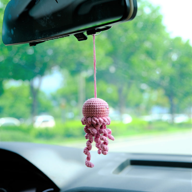 Crochet Jellyfish Car Mirror Hanging Accessories, Smiley Octopus Car Rear View Mirror Accessory, Anime Car Interior Accessory for Women/Teen