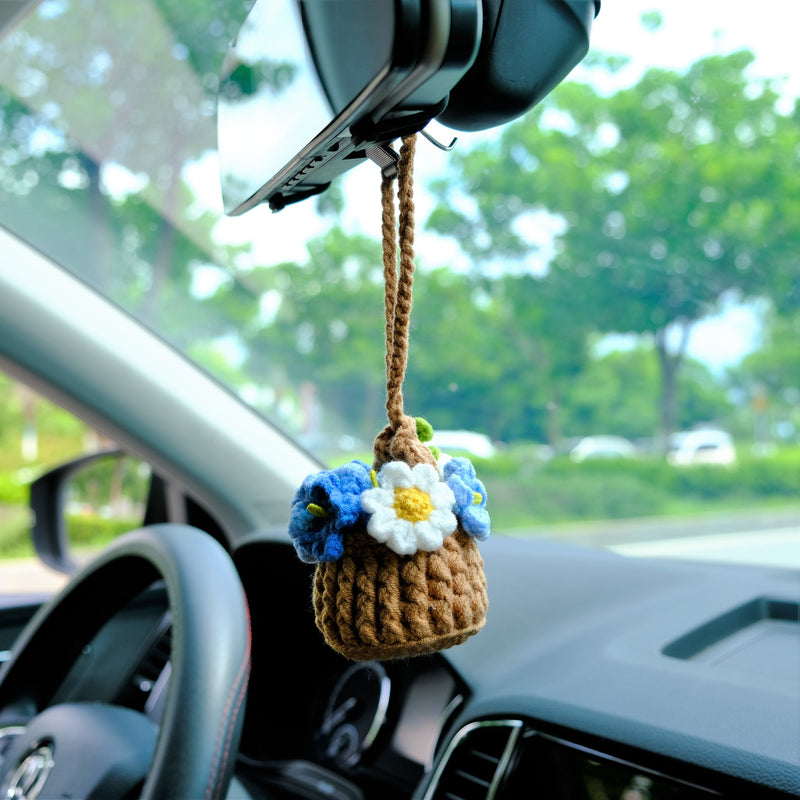 Crochet Forget Me Not Car Mirror Hanging Accessories, Mini Blue Flower Basket Car Rear View Mirror Accessory, Boho Interior Car Accessory