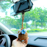 Crochet Forget Me Not Car Mirror Hanging Accessories, Mini Blue Flower Basket Car Rear View Mirror Accessory, Boho Interior Car Accessory