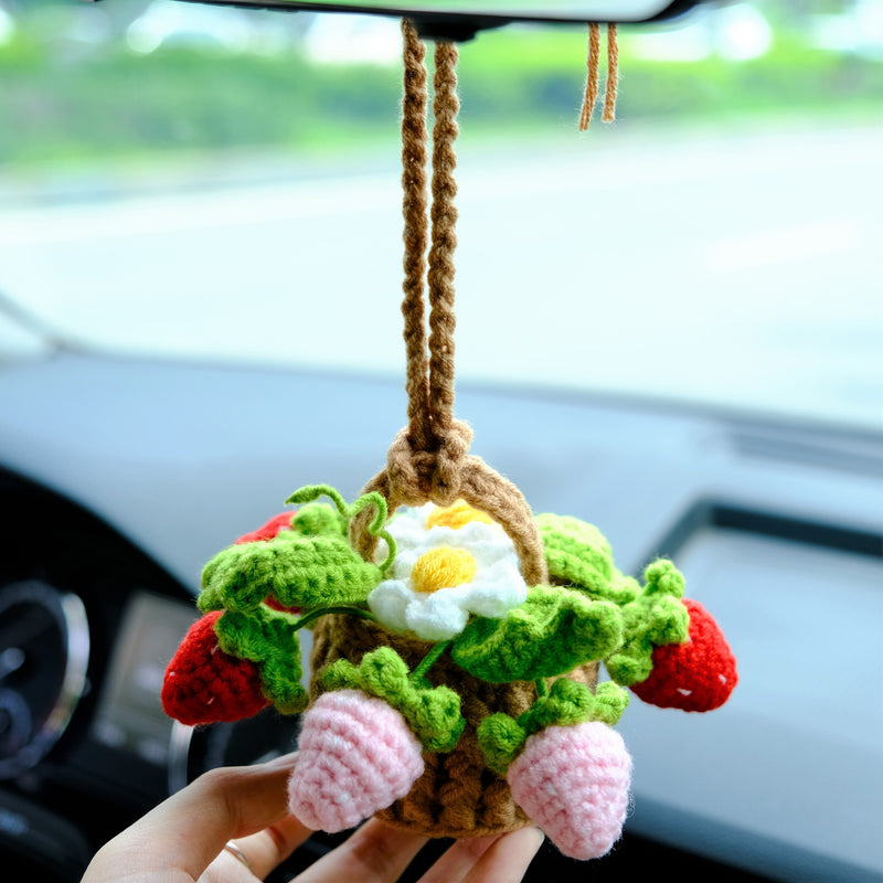 Crochet Strawberry & Daisy Car Mirror Hanging Accessories, Mini Flower Basket Car Rear View Mirror Accessory, Boho Interior Car Accessory