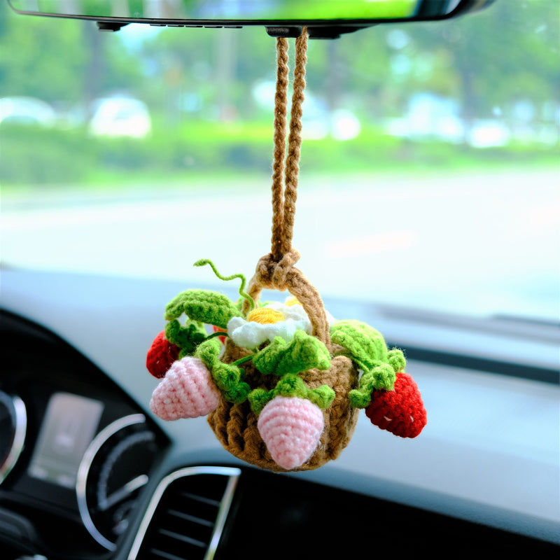 Crochet Strawberry & Daisy Car Mirror Hanging Accessories, Mini Flower Basket Car Rear View Mirror Accessory, Boho Interior Car Accessory