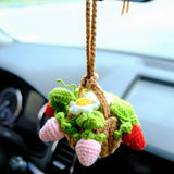 Crochet Strawberry & Daisy Car Mirror Hanging Accessories, Mini Flower Basket Car Rear View Mirror Accessory, Boho Interior Car Accessory