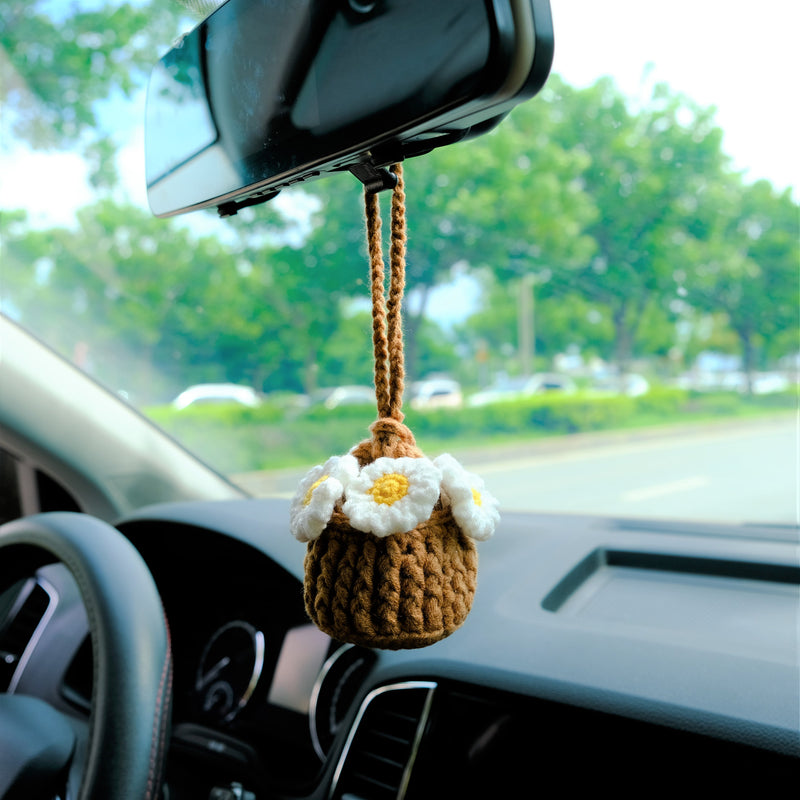 Crochet Strawberry & Daisy Car Mirror Hanging Accessories, Mini Flower Basket Car Rear View Mirror Accessory, Boho Interior Car Accessory