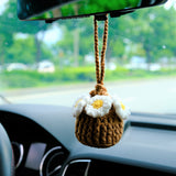 Crochet Strawberry & Daisy Car Mirror Hanging Accessories, Mini Flower Basket Car Rear View Mirror Accessory, Boho Interior Car Accessory