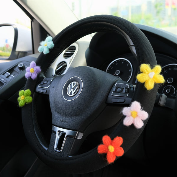 Ice Silk Steering Wheel Cover, Crochet Rainbow Flower Steering Wheel Cover, Cute Car Interior Accessory for Women, Boho Steering Wheel Cover