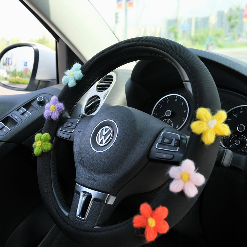 Ice Silk Steering Wheel Cover, Crochet Rainbow Flower Steering Wheel Cover, Cute Car Interior Accessory for Women, Boho Steering Wheel Cover