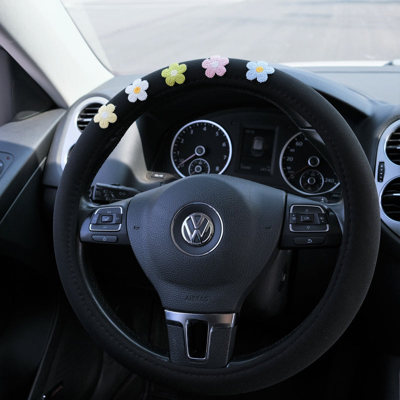 Ice Silk Steering Wheel Cover, Rainbow Daisy Embroidery Patch Steering Wheel Cover, Car Interior Accessory, Boho Steering Wheel Cover