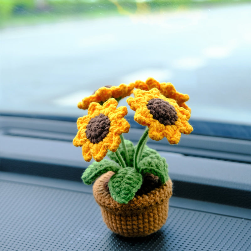 Sunflower Car Dashboard Decor, Crochet Sunflower Potted Plant Car Accessories, Boho Car Accessory for Women, Cute Car Accessories Interior