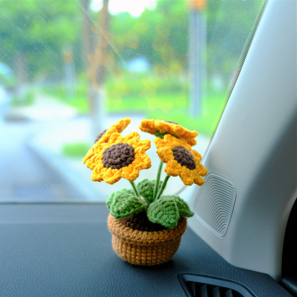 Sunflower Car Dashboard Decor, Crochet Sunflower Potted Plant Car Accessories, Boho Car Accessory for Women, Cute Car Accessories Interior