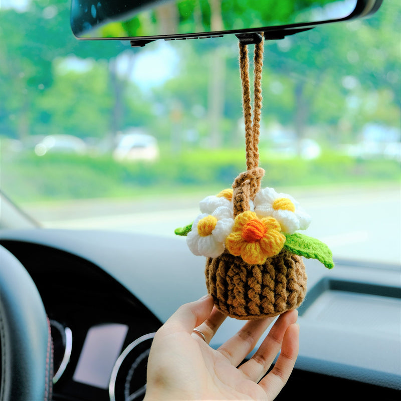 Crochet Fluffy Flowers Car Mirror Hanging Accessories, Mini Daisy Flower Basket Car Rear View Mirror Accessory, Boho Interior Car Accessory