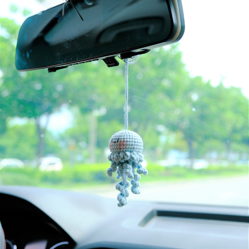 Crochet Jellyfish Car Mirror Hanging Accessories, Smiley Octopus Car Rear View Mirror Accessory, Anime Car Interior Accessory for Women/Teen