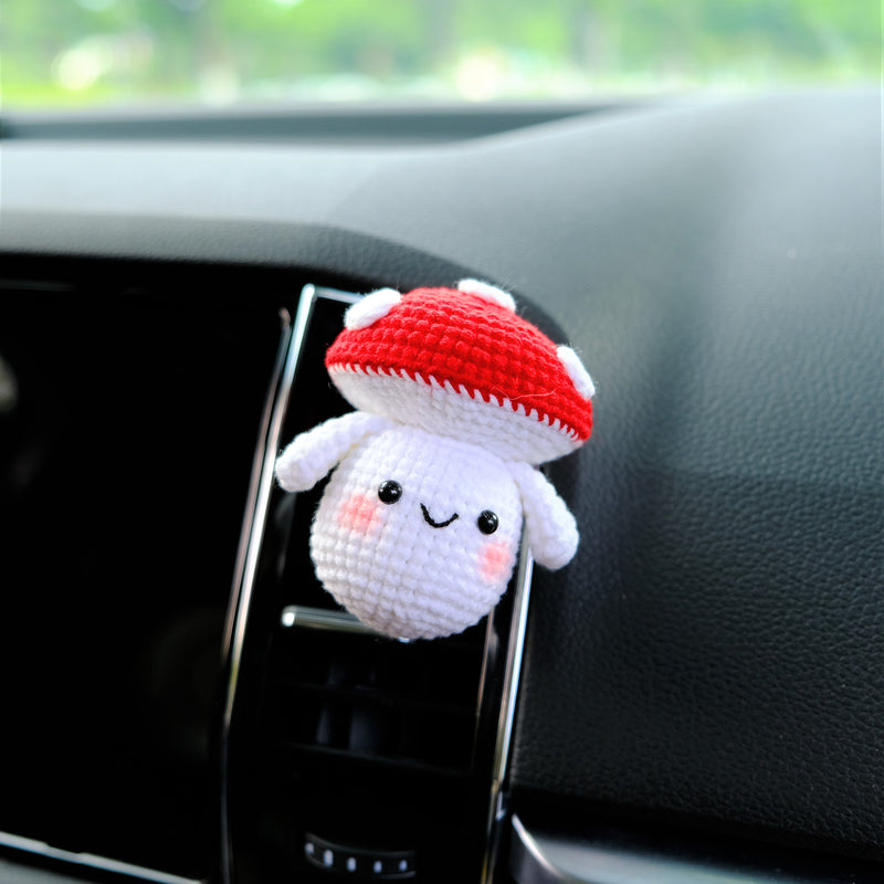 Crochet Mushroom Car Vent Clip, Smiley Mushroom Car Air Freshener, Anime Car Accessory, Kawaii Car Accessories, Cute Aar Accessory Interior